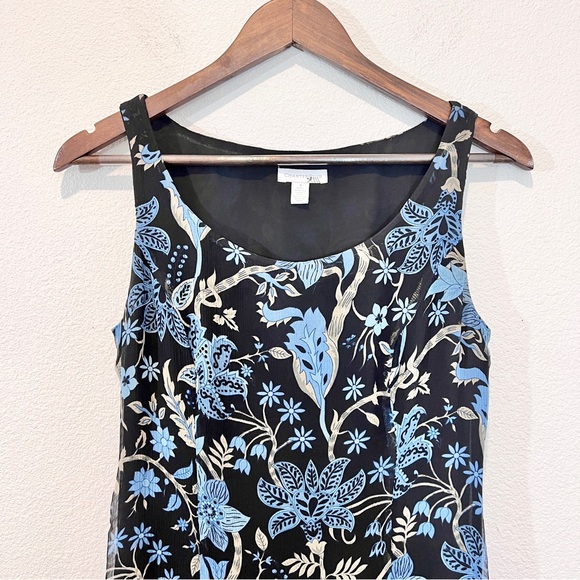 100% Silk Floral Midi Dress Black Blue Sheer Overlay Size 4 - Picture 3 of 13